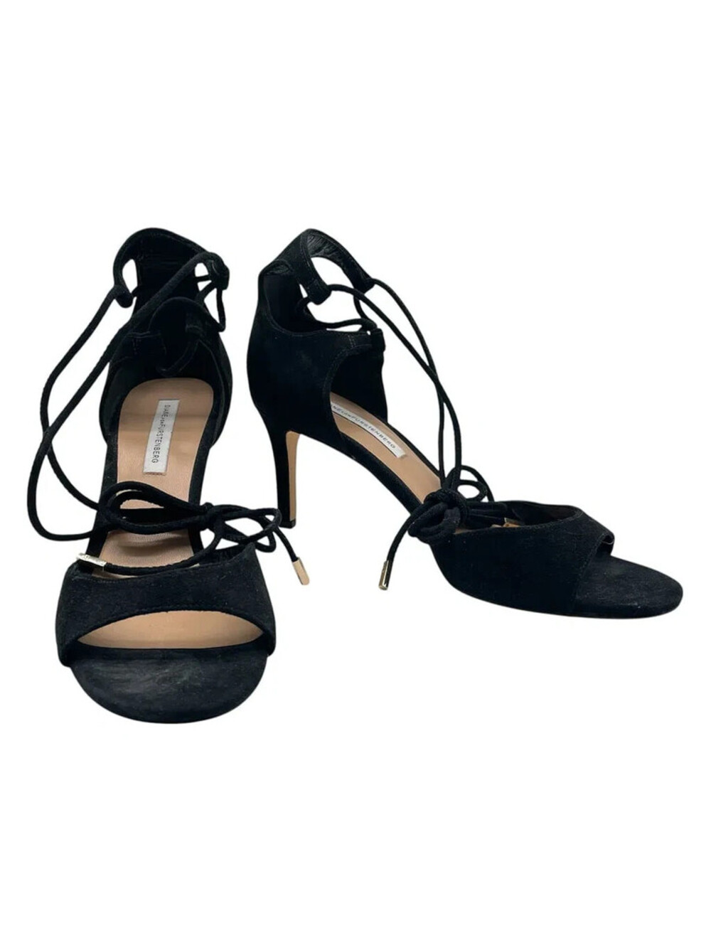 Diane von Furstenberg Black Suede Lace-Up Heeled Sandals